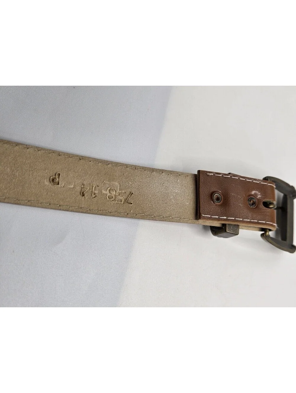 Brown Faux Leather Belt Western Antique Style Brass Color Buckle Contrast Stitch
